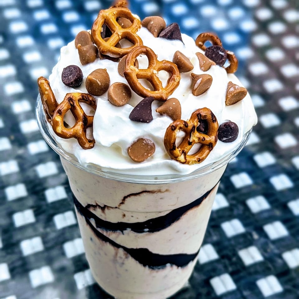 Layered chocolate dessert in a clear cup topped with whipped cream, chocolate chips, chocolate pieces, and pretzels.