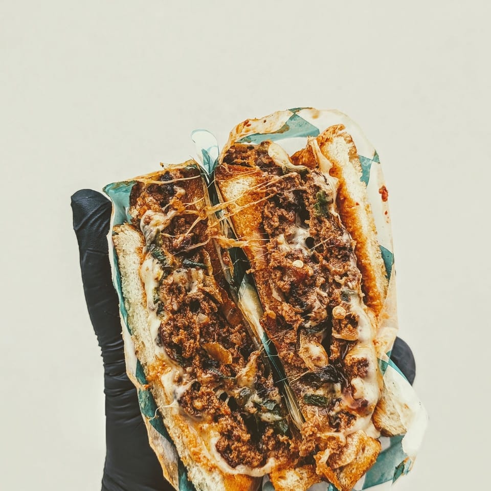 Gloved hands hold a large pita sandwich overflowing with shredded grilled meat, sauce, and vegetables, wrapped in patterned paper.